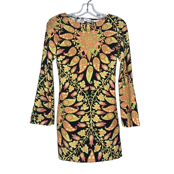 ZARA dress Women XS Back Cutout Mini Bell Sleeve Black Neon Pattern Vines - Picture 1 of 10